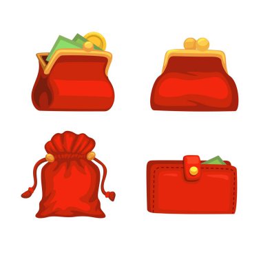 Para ve para sembolü koleksiyonu olan Çin retro cüzdanı çizgi film illüstrasyon vektörü