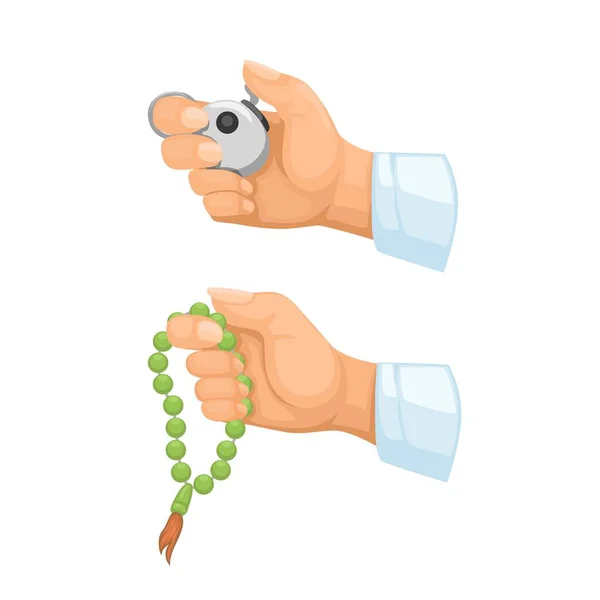 Mão Orando Com Grânulos Dispositivo Contador Religião Muçulmana Símbolo Cartoon — Vetor de Stock