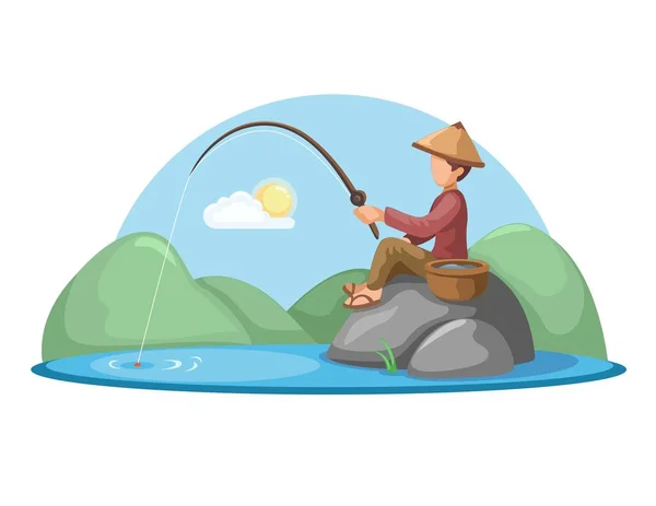 Asian Village Man Sitting Rock While Fishing Lake Cartoon Illustration — стоковий вектор