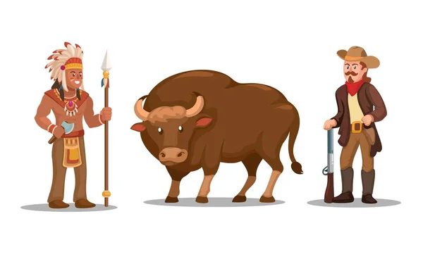 Cowboy Indian Bison Állattal Amerikai Ókori Történelem Karakter Szimbólum Készlet — Stock Vector
