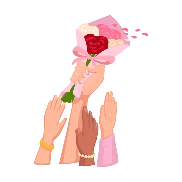 Mãos Das Mulheres Estão Lutando Para Pegar Buquê Flor Casamento — Vetor de Stock