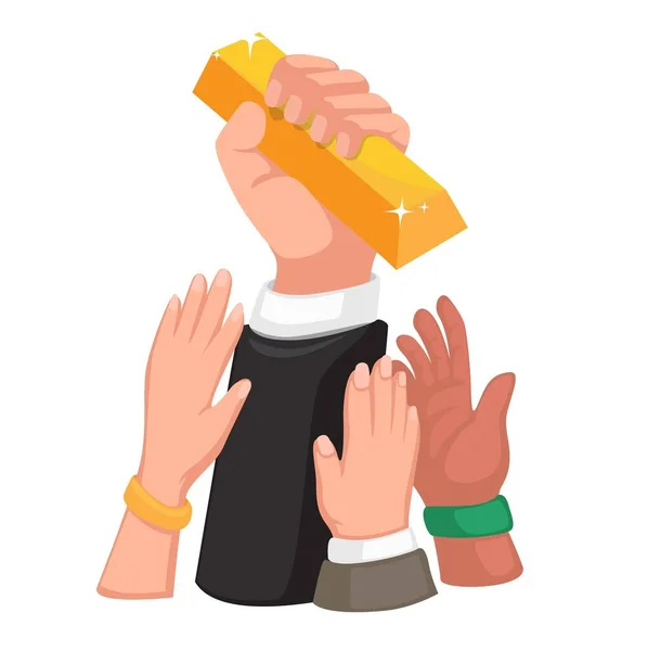 Mensen Handen Met Gouden Bar Beloningssymbool Cartoon Illustratie Vector — Stockvector