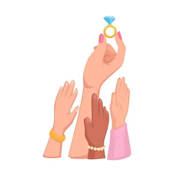 妇女手持钻石戒指奖赏符号卡通插图矢量 — 图库矢量图片
