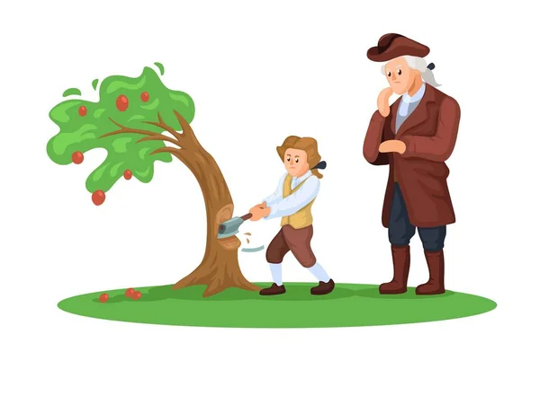 乔治华盛顿砍伐樱桃树与他的父亲 美国第一任总统 幻想故事 场景说明病媒 — 图库矢量图片