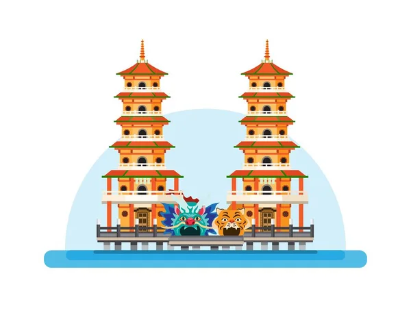 龍虎パゴダロータス湖 台湾で 有名な寺のランドマークビルフラット漫画のイラストベクトル — ストックベクタ