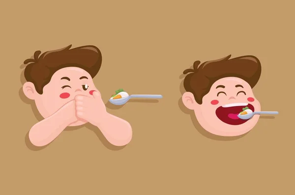 子供は食べ物の問題を食べるキャラクター漫画のシンボル漫画のイラストベクトル — ストックベクタ
