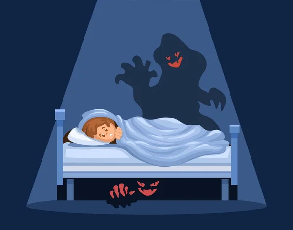 stock vector Child Afraid Monster Under Bed While Sleep Scene Illustration Cartoon illustration Vector