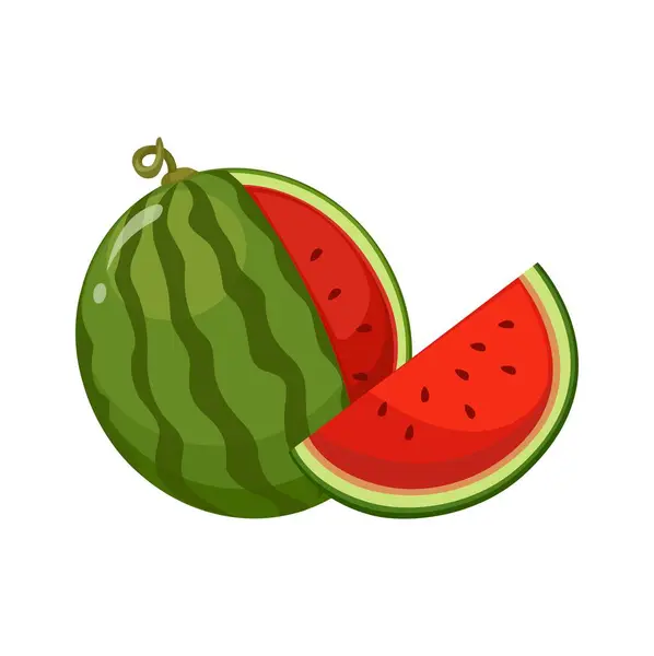 Vattenmelon Frukt Hela Och Skiva Symbol Tecknad Illustration Vektor Stockillustration