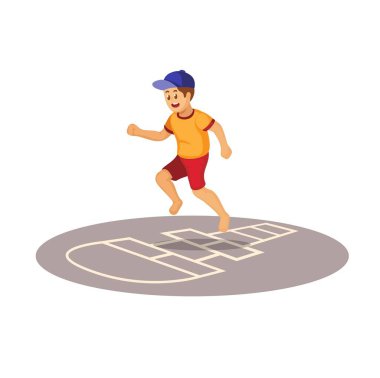 Hopscotch oynayan çocuklar namı diğer Engklek geleneksel Oyun Çizgi Filmi Vektörü