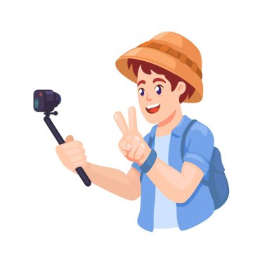 Etkilenen Seyahat Vlog Kaydetme Eylem Kamerası Çizgi Film Çizim Vektörü