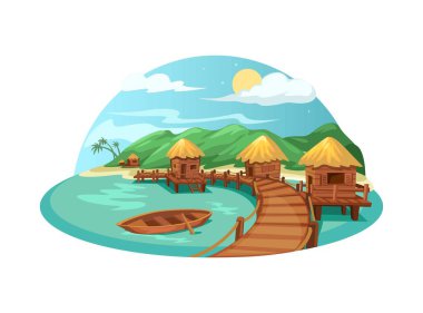 Tropikal Plaj Resort Bungalow Çizim Vektörü
