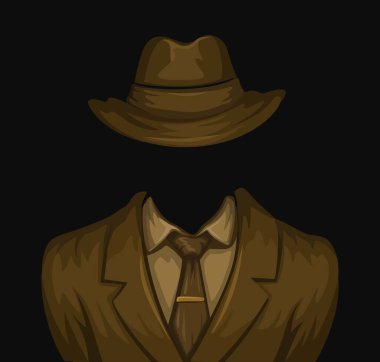 Esrarengiz Adam Takımlı ve Şapkalı Koyu Arkaplan Çizim Vektörü