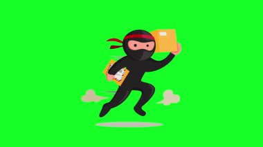 Ninja Kurye Postası Servis Maskotu, İnsan Ninja Kostümü Giyiyor Müşteri Çizgi Filmine Paket Taşıma Yeşil Arkaplanda Animasyon
