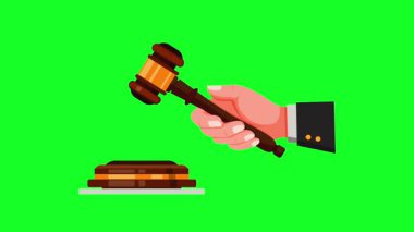 El Tutma Hakimi Gavel, Tahta Çekiç Hukuk ve Adalet Sembolü Yeşil Arkaplanda Canlandırıldı