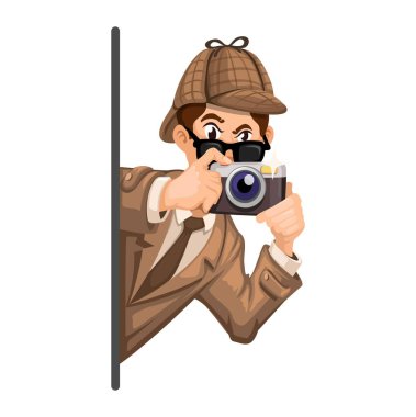 Dedektif Karakter Çizim Vektörünü Gizlerken Fotoğraf Çekiyor