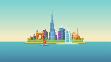 Dubai UAE Şehri Skyline Adası Düz Tasarım Animasyonu