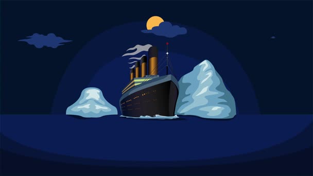 Titanic Cruise Ship Sail in Sea Iceberg at Night Scene Cartoon Animated