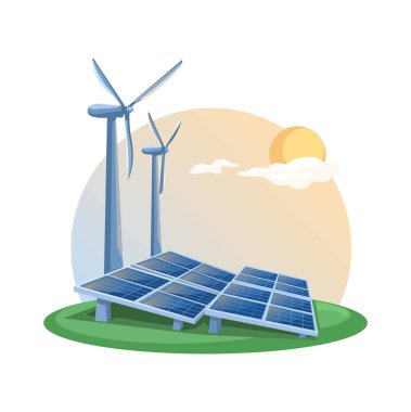 Güneş ve Rüzgar Enerji Santralleri Çizgi Film Çizim Vektörü