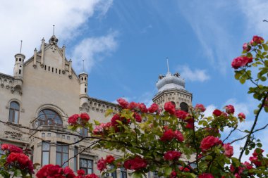 Kırmızı çiçekli ve mavi gökyüzü olan eski bir ev. Bina eski kasabada..