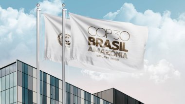 El sallayan bayrak. COP30, Brezilya ve Birleşmiş Milletler İklim Değişikliği etkinliği, ESG ve ekoloji farkındalığı kavramı. Hisse senedi varlığı, Bakü, Azerbaycan olarak resmedildi. 13 Haziran 2025.