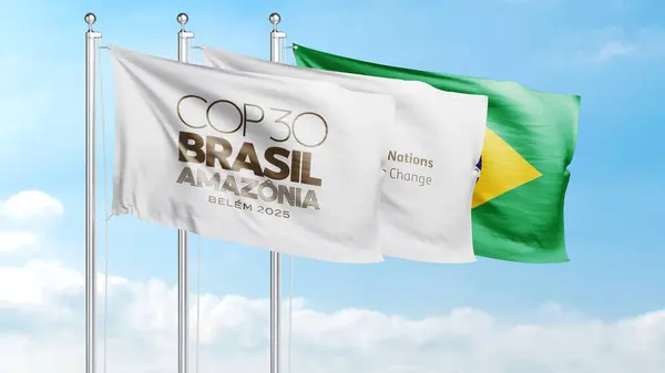 El sallayan bayrak. COP30, Brezilya ve Birleşmiş Milletler İklim Değişikliği etkinliği, ESG ve ekoloji farkındalığı kavramı. Hisse senedi varlığı, Bakü, Azerbaycan olarak resmedildi. 13 Haziran 2025.