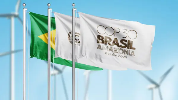 El sallayan bayrak. COP30, Brezilya ve Birleşmiş Milletler İklim Değişikliği etkinliği, ESG ve ekoloji farkındalığı kavramı. Hisse senedi varlığı, Bakü, Azerbaycan olarak resmedildi. 13 Haziran 2025.