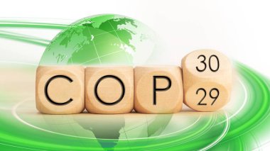 COP30 İklim Değişikliği olay kavramsal illüstrasyonu. Ekoloji, çevre ve ESG.
