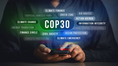 COP30 İklim Değişikliği olay kavramsal illüstrasyonu. Ekoloji, çevre ve ESG.