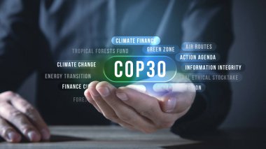 COP30 İklim Değişikliği olay kavramsal illüstrasyonu. Ekoloji, çevre ve ESG.