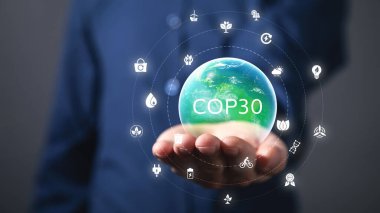 COP30 İklim Değişikliği olay kavramsal illüstrasyonu. Ekoloji, çevre ve ESG.