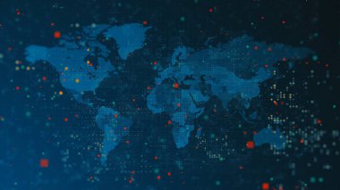 Dijital dünya haritası arkaplanı kare noktalar ve çizgilerle kaplı. Flaş haber ya da belgesel konsepti.