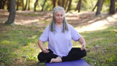 Sağlıklı, orta yaşlı, gri saçlı bir kadın parkta yoga yapıyor.