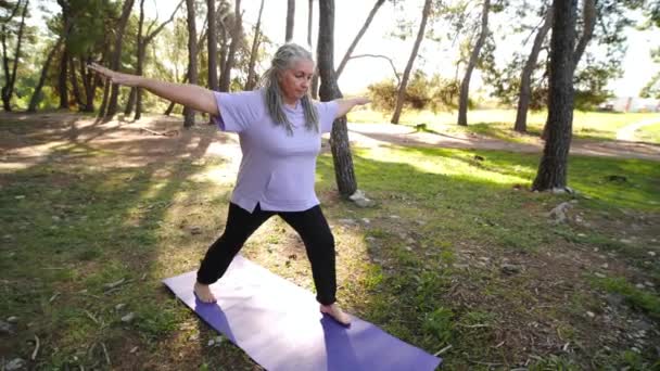 Gammal Frisk Medelålders Kvinna Med Grått Hår Gör Yoga Utomhus — Stockvideo
