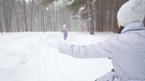 Niña Jugando Con Nieve Parque Invierno — Vídeo de stock
