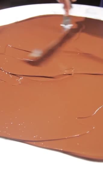 レストランでシグネチャーデザートのチョコレートを混ぜる オート料理とペストリーのコンセプト — ストック動画