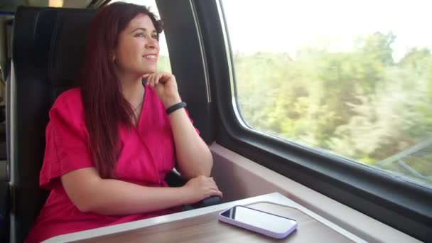 妇女坐在火车上朝外看 — 图库视频影像
