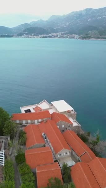 Aerial View Sveti Stefan Peninsula Small Town Mediterranean Sea Balkans — Stock Video