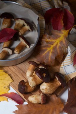 Imleria Badia ya da Boletus badius mantarlarının sonbahar kompozisyonu. Genellikle körfez boleti olarak bilinir. Mantarlar ahşap kesme tahtasında kurutulmaya hazır, canlı sonbahar yapraklarıyla. Yenilebilir ve gözenekli mantarların kadife gibi koyu 