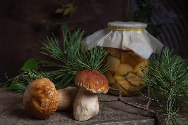 森林可食蘑菇的作物 两种香菇 波希诺蘑菇或波莱国王蘑菇 通常被称为波莱图斯红菇 和玻璃瓶的成分与罐头蘑菇在复古木背景上的松树枝条 — 图库照片