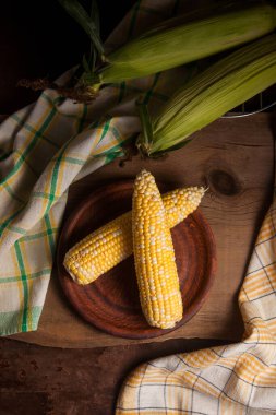Kaliteli ahşap arka planda olgun mısır ve yeşil havluyla iki kulaklı kil tabağı. Beyaz ve sarı taneli koçanlar. Arka planda yeşil yapraklı taze mısır kulakları.