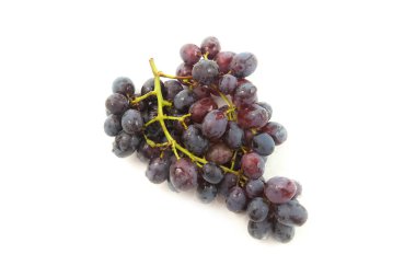 Beyaz arka planda izole edilmiş bir sürü koyu mavi üzüm. Beyaz gölgeli mor şarap üzümleri