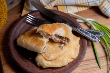 Ahşap masada iki ayrı kızarmış etli kil tabak. Fast food yemeğinin kompozisyonu. İçinde domuz pastası, çatal bıçak ve eski ahşap arka planda yeşil soğan olan iki turta..