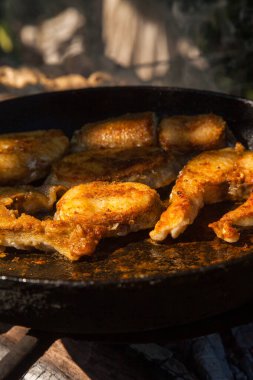 Ateşte kızarmış balık bifteği ile tava. Açık mutfak. Yaz barbeküsü ve tatil