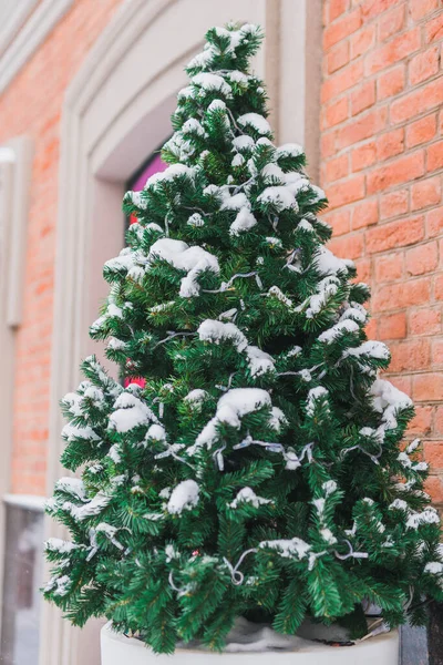 Διακοσμημένο Χριστουγεννιάτικο Δέντρο Εξωτερική Στη Βιτρίνα Του Καταστήματος Χιόνι Χειμερινές — Φωτογραφία Αρχείου