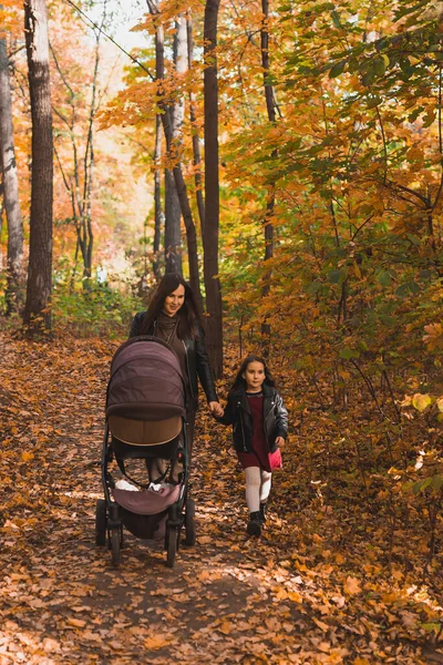 Anne Küçük Kızı Bebek Arabasında Sonbahar Ormanında Yürüyorlar — Stok fotoğraf