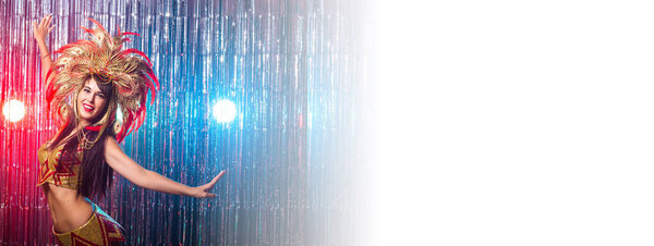 Holidays, party, dance and nightlife concept - Beautiful woman dressed for carnival night.