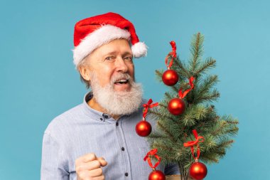 Mutlu Noel Baba 'nın portresi kameraya bakıp küçük bir Noel ağacı tutuyor.