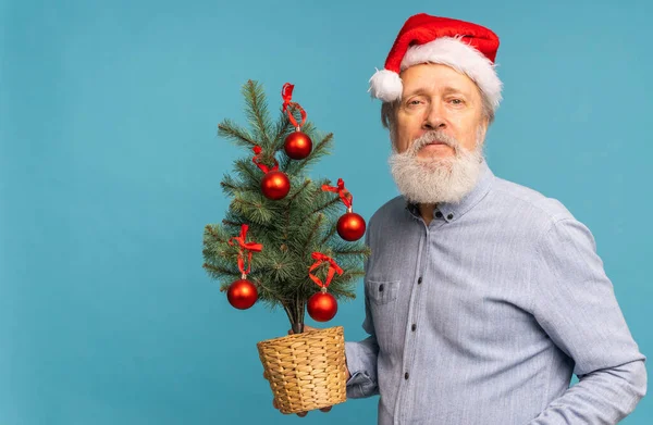 Mutlu Noel Baba 'nın portresi kameraya bakıp küçük bir Noel ağacı tutuyor.