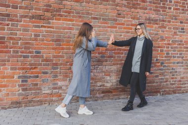 Kız, kız arkadaşının fotoğrafını tuğla duvarın önünde çekiyor.