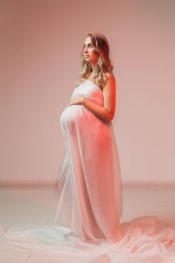 Zarif hamile kadın açık renk kumaş giyiyor. Hamilelik, fantezi ve peri masalı.